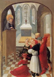 Weingartener Heilig-Blut-Tafel de 1489. Tafel 5: À Mantoue, Longinus convertit de nombreuses personnes à la foi chrétienne